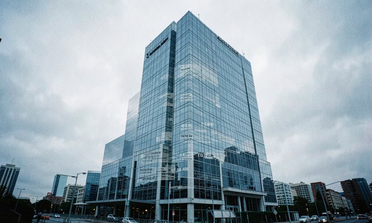 Australian bank headquarters with regulatory overlay on glass facade, overcast sky, documentary photography style