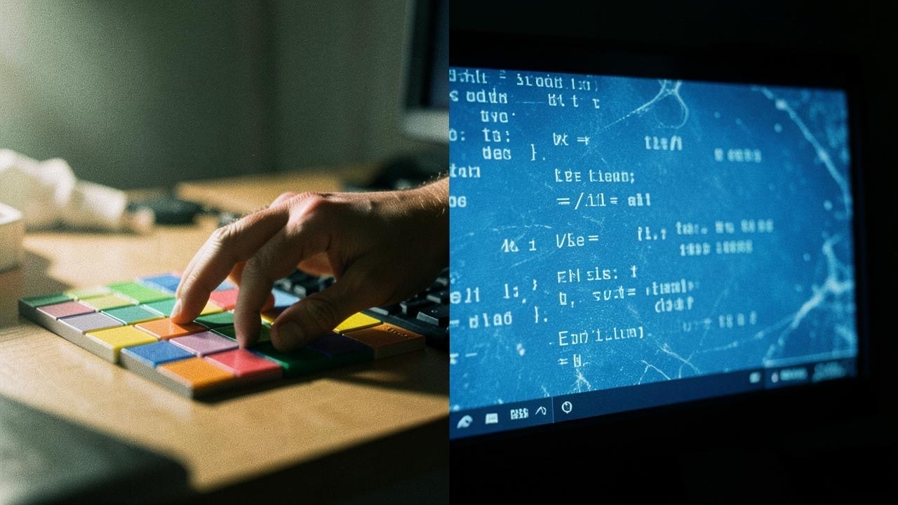A grid of small colored squares on a screen being manipulated by a human hand, beside a frozen AI interface, dramatic side lighting, documentary style