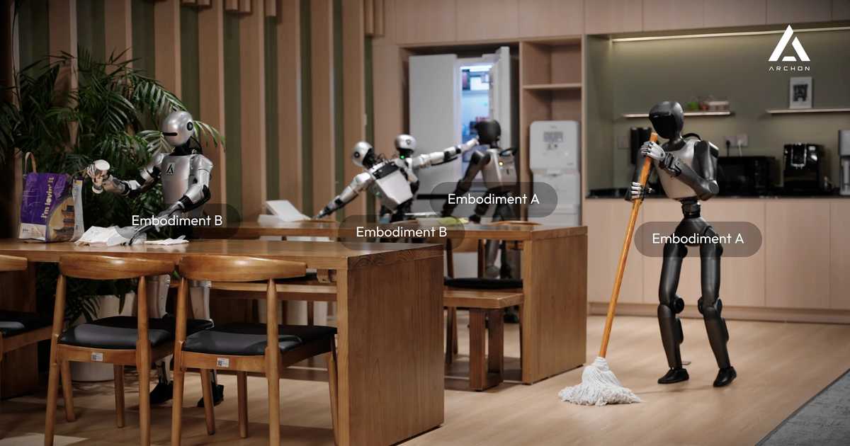 A modified Unitree G1 humanoid robot and a Booster T2 working in a shared kitchen and dining space, a frame from Archon Robotics' debut demonstration video.