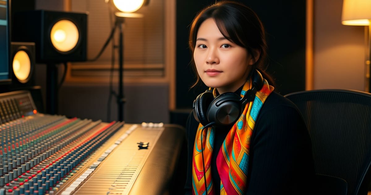 A young woman sound engineer in a patterned scarf at a studio mixing desk, headphones around her neck, warm evening studio lighting, documentary style
