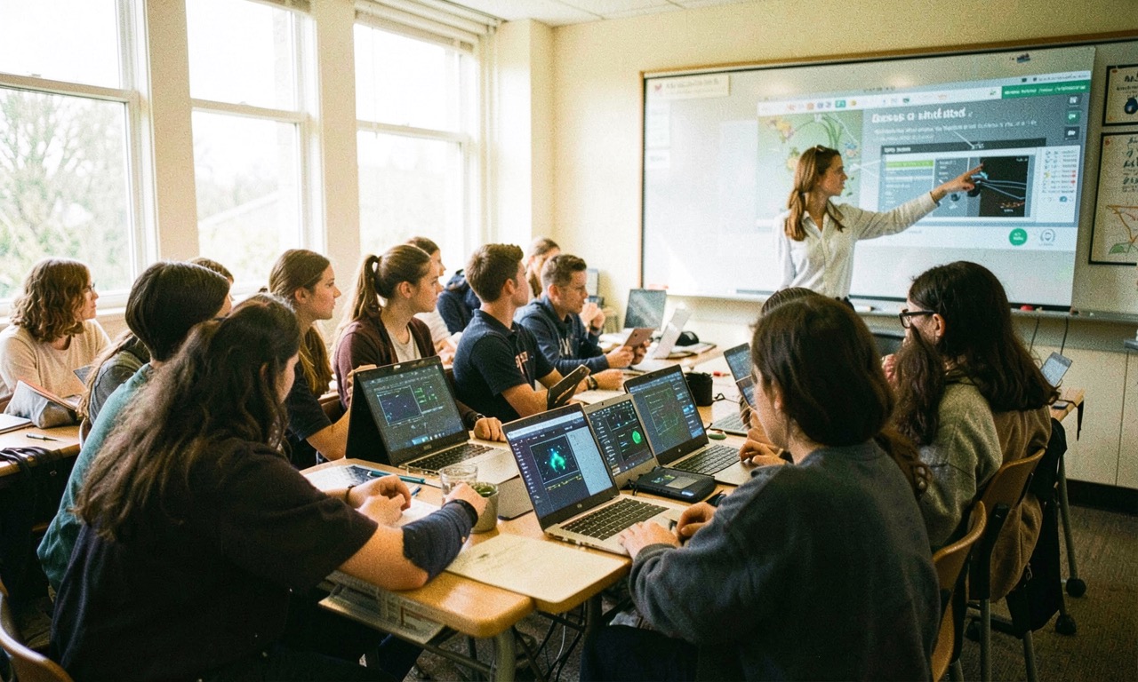A diverse high school classroom with students learning AI concepts on laptops, bright natural lighting, documentary style
