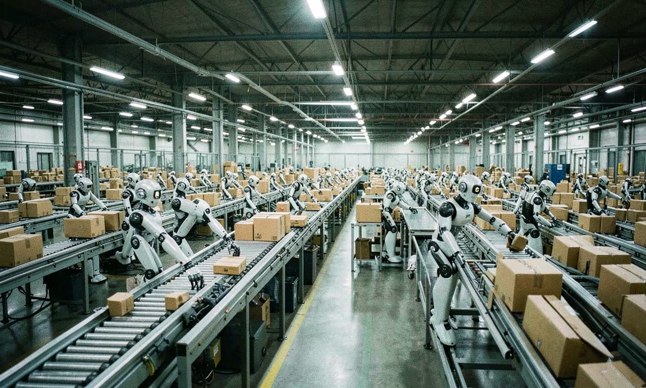 Warehouse sorting facility with humanoid robots working alongside conveyor belts, industrial lighting, photojournalistic style