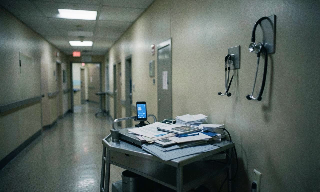 A hospital corridor with fluorescent lighting and a clipboard on a desk beside a smartphone, photojournalistic style, muted tones