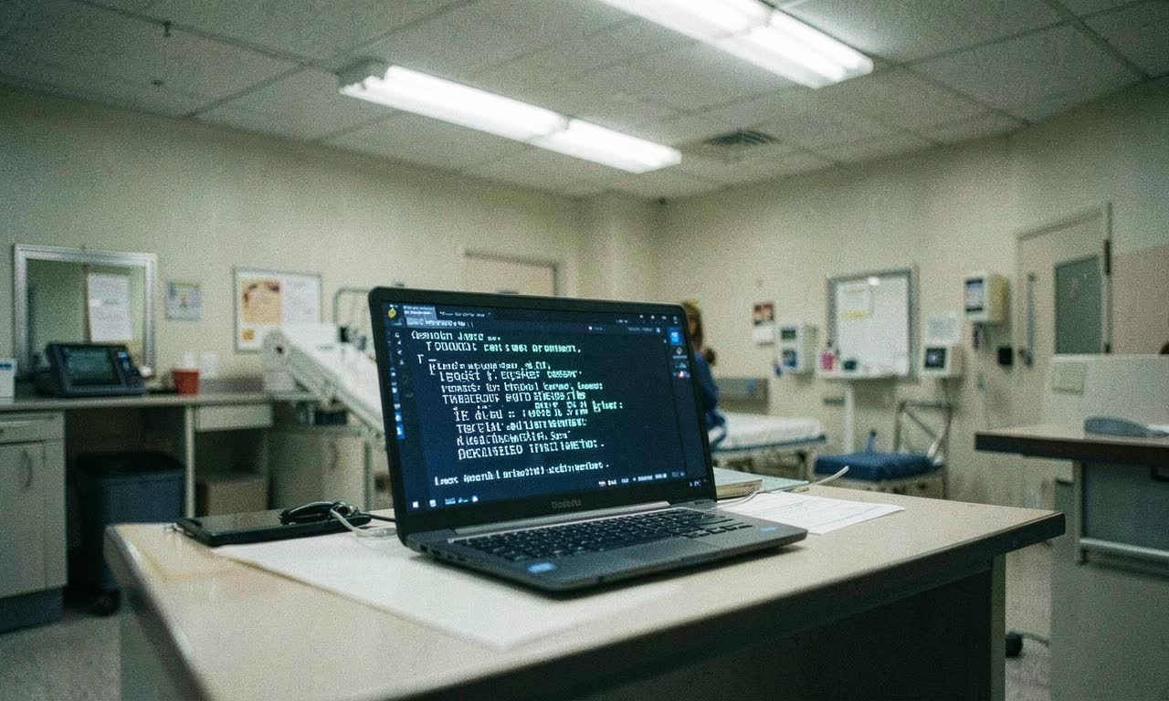 A hospital emergency department triage desk with a laptop screen showing AI text, fluorescent overhead lighting, photojournalistic style, muted colours