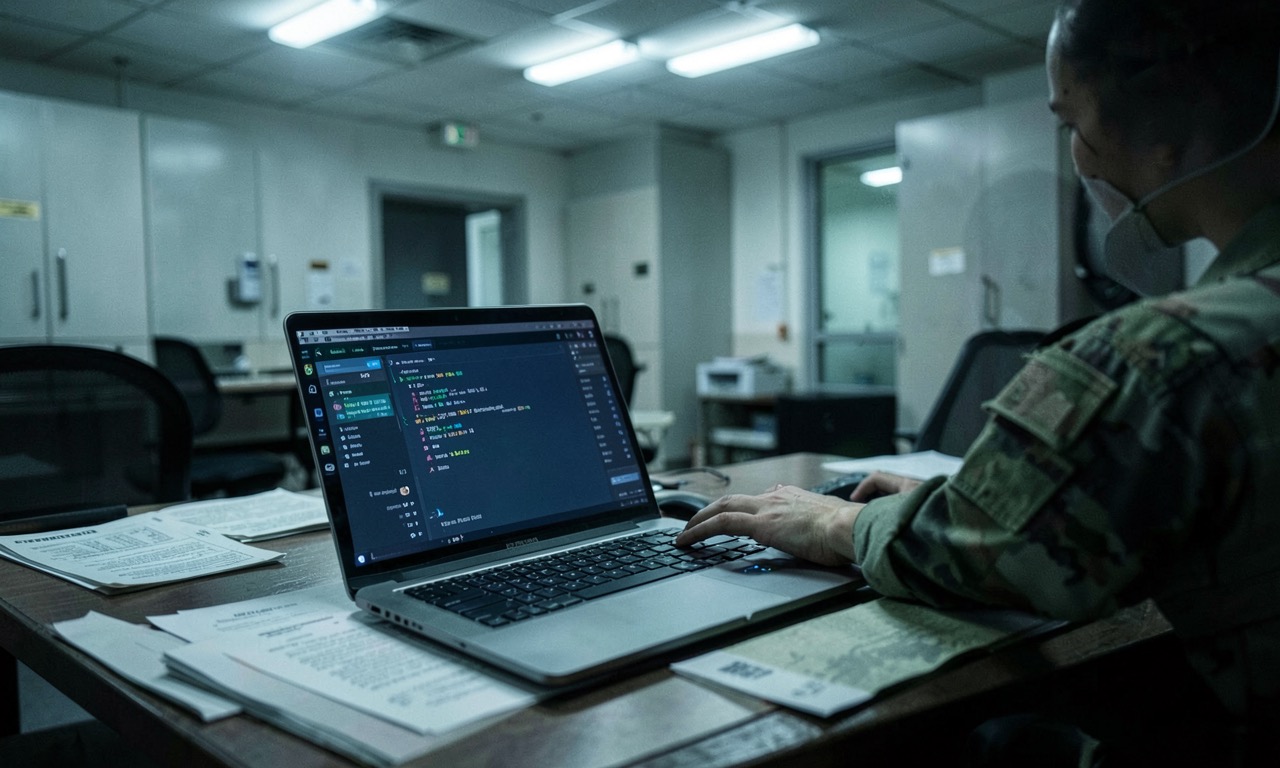 A military office with a laptop open showing an AI chat interface, institutional fluorescent lighting, documentary style, muted colours