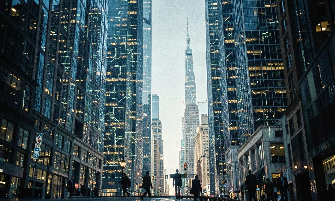 Financial district skyscrapers with glowing AI circuit overlay, symbolizing Wall Street's AI-driven job cuts