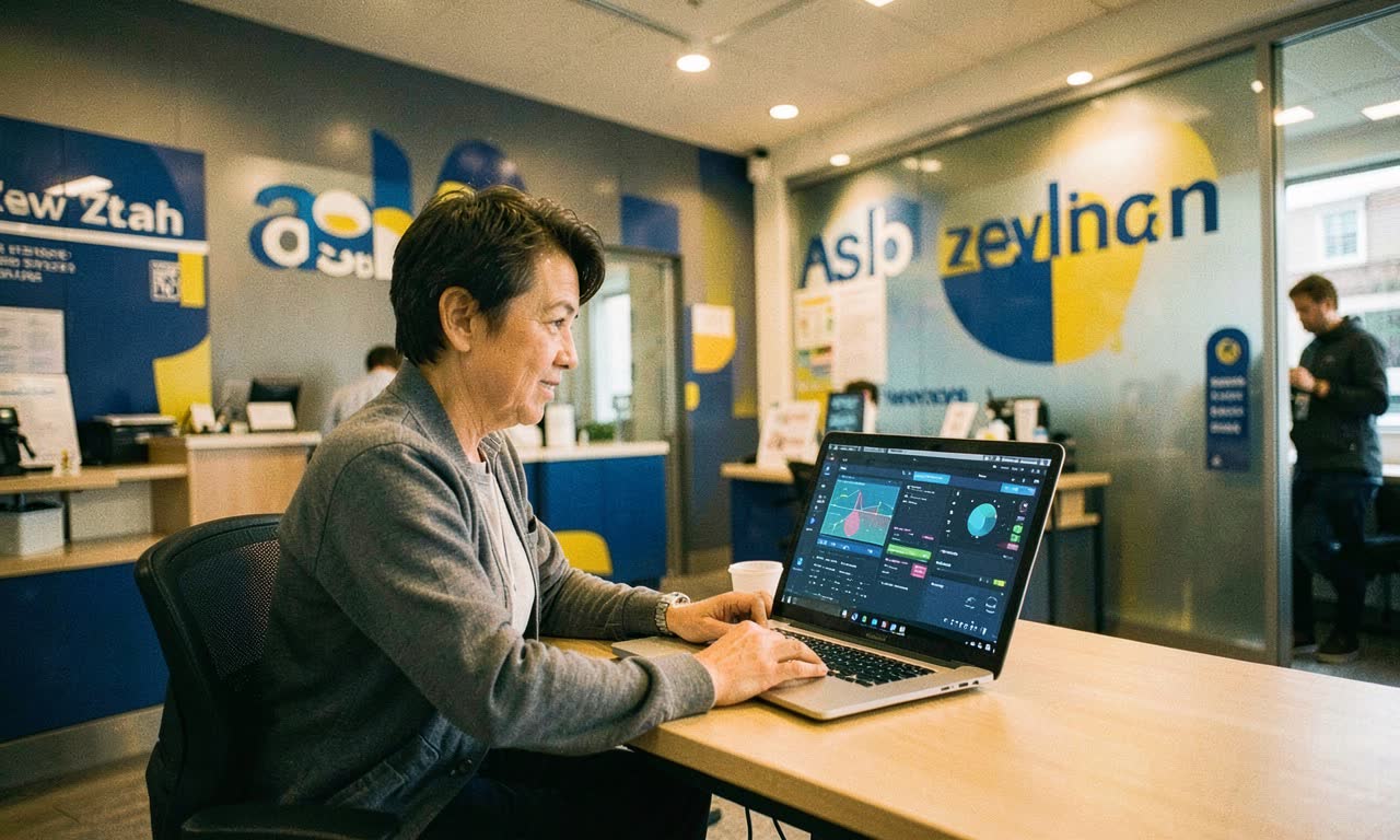 A business consultation at a modern bank branch, an AI dashboard visible on a laptop screen