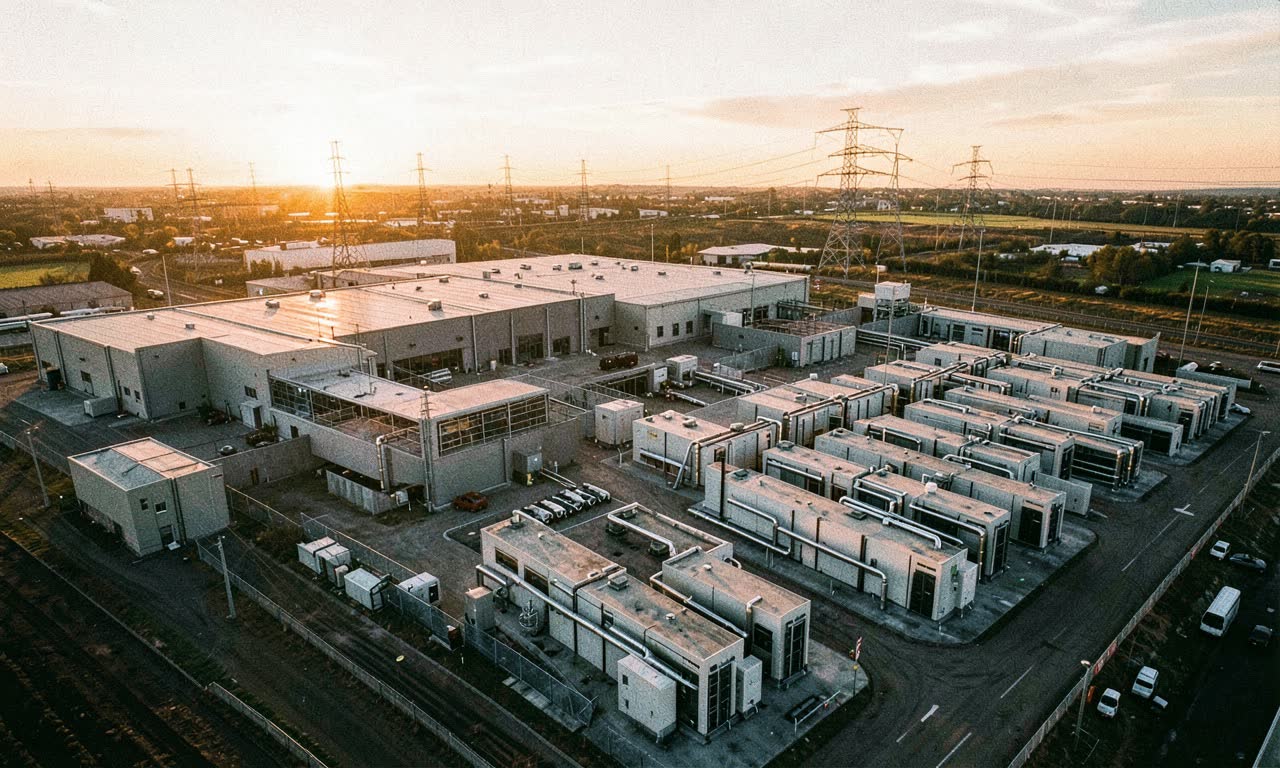 Aerial view of a data center complex with Bloom Energy fuel cell banks, golden hour lighting, industrial landscape