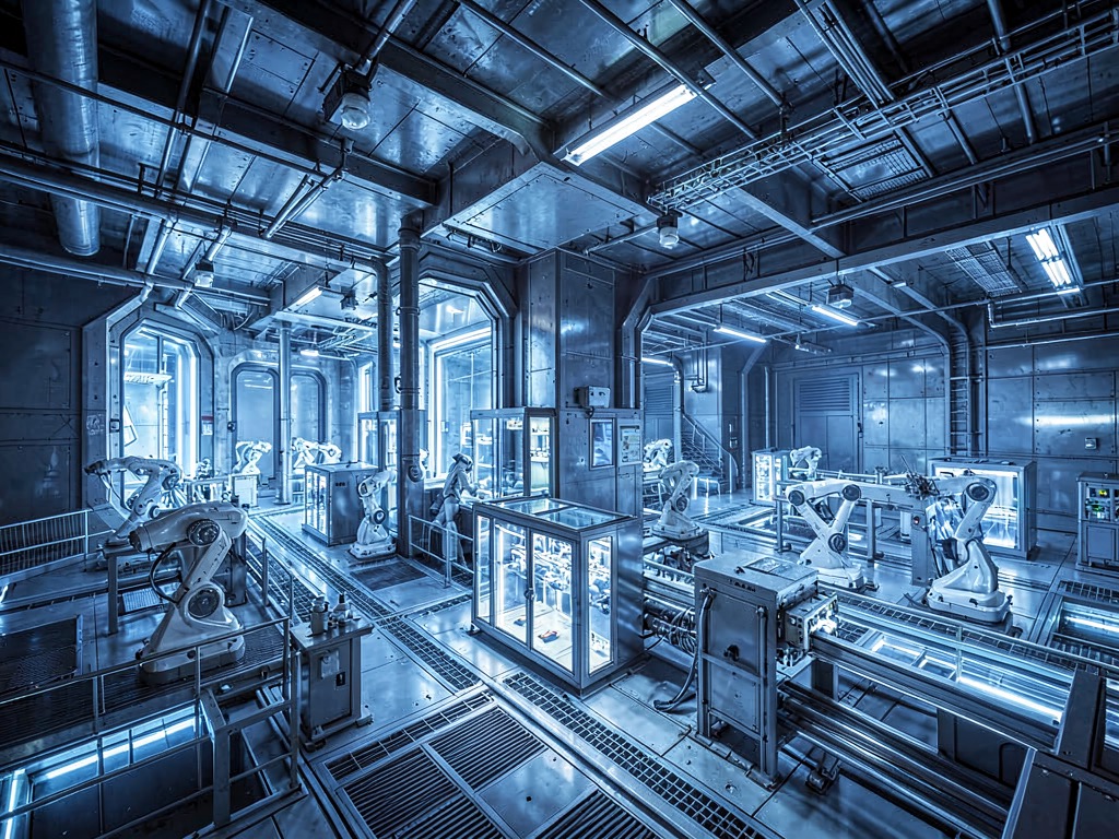 Abstract composition of a massive futuristic fabrication facility with glowing clean rooms and robotic assembly lines, blue and silver tones, no text no logos no letters no characters no signs