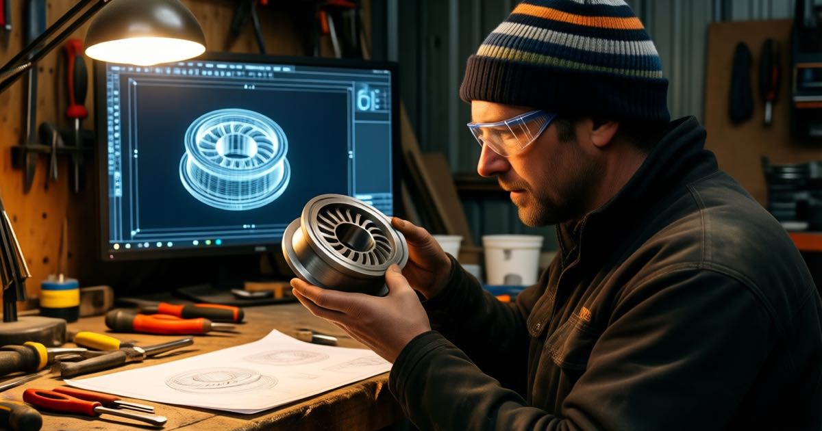 An engineer in a striped beanie holding a 3D-printed impeller up to the light in a home workshop, CAD wireframe glowing on a monitor behind, warm work-lamp lighting