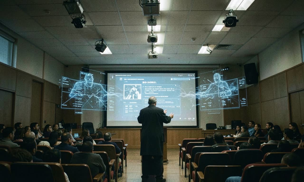 University lecture hall with AI processing overlay on a professor's presentation screen