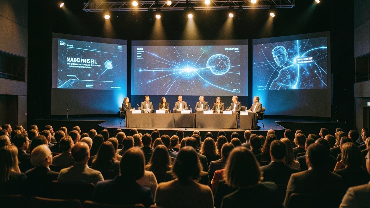 Conference hall with diverse speakers on stage and AI visuals projected behind them, documentary style