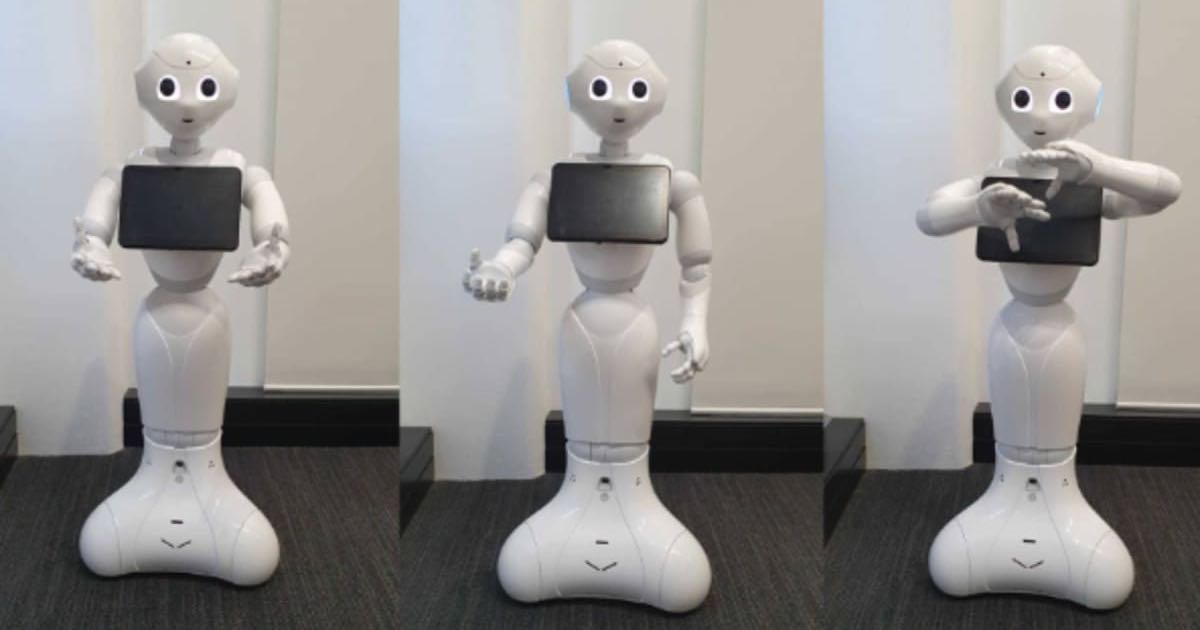 Three white Pepper robots stand side by side, each making a different hand gesture, photographed in a University of Auckland research lab.