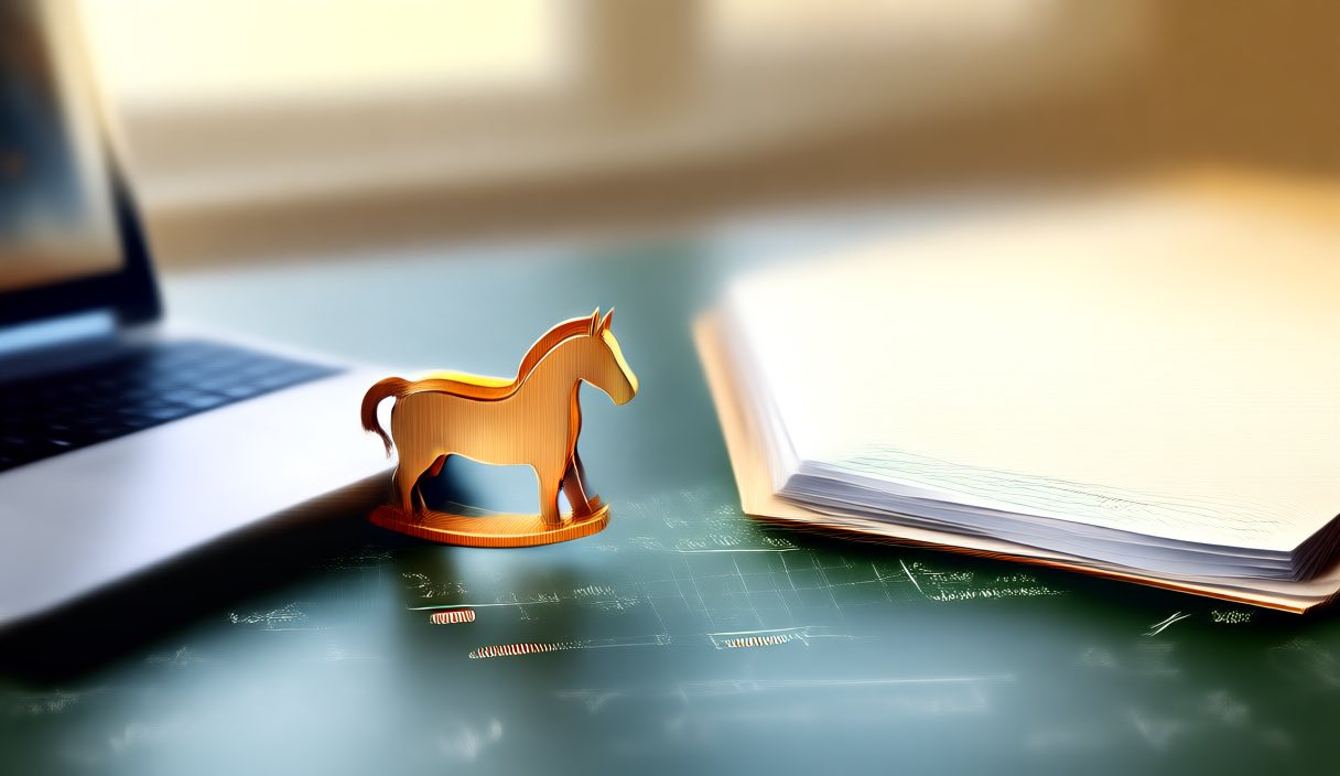A wooden horse-shaped USB drive plugged into a laptop on a mathematician's desk covered in chalk equations, warm morning light through a window, dossier folder open beside it