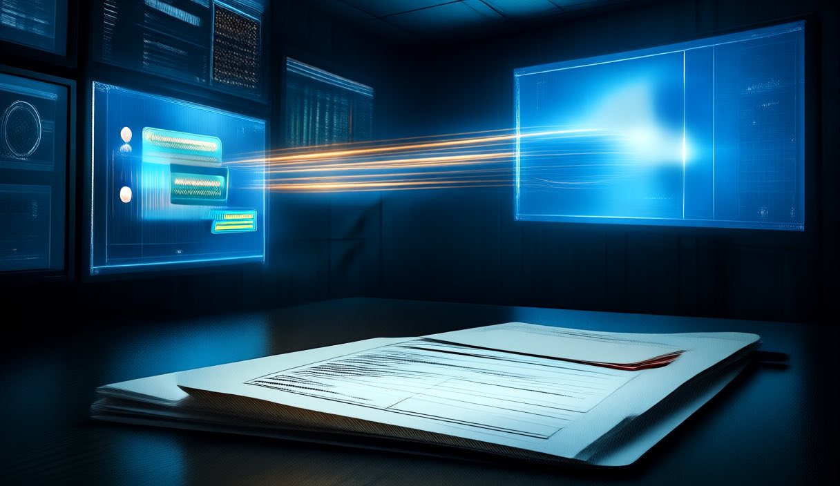 A dark control-room wall of monitors showing one glowing conversation relayed along amber wires to a second screen labelled with a different name, dossier folder and redacted document in the foreground