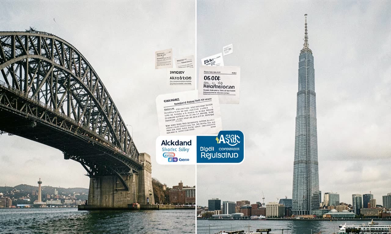 Sydney Harbour Bridge and Auckland Sky Tower split composition with legal documents overlay, documentary style, muted tones
