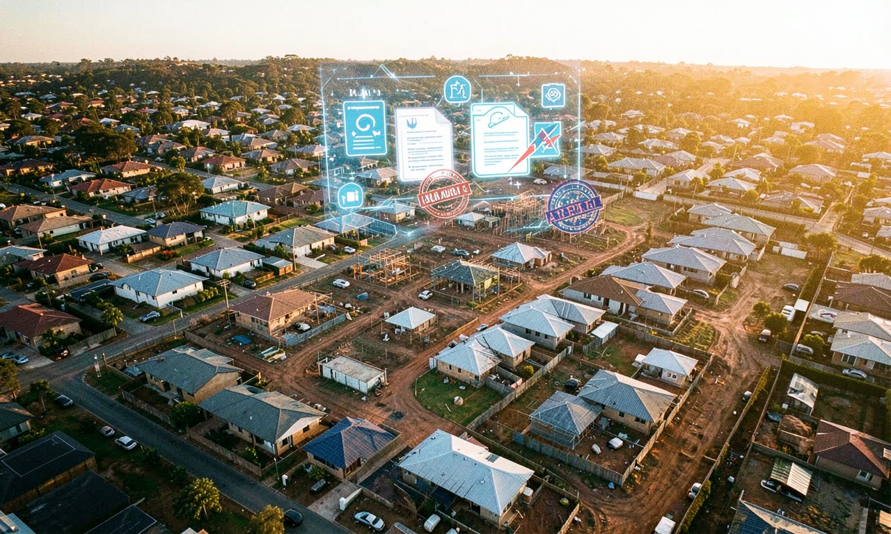 Australian suburban housing development seen from above with digital AI overlay on approval documents, warm afternoon light, documentary photography style