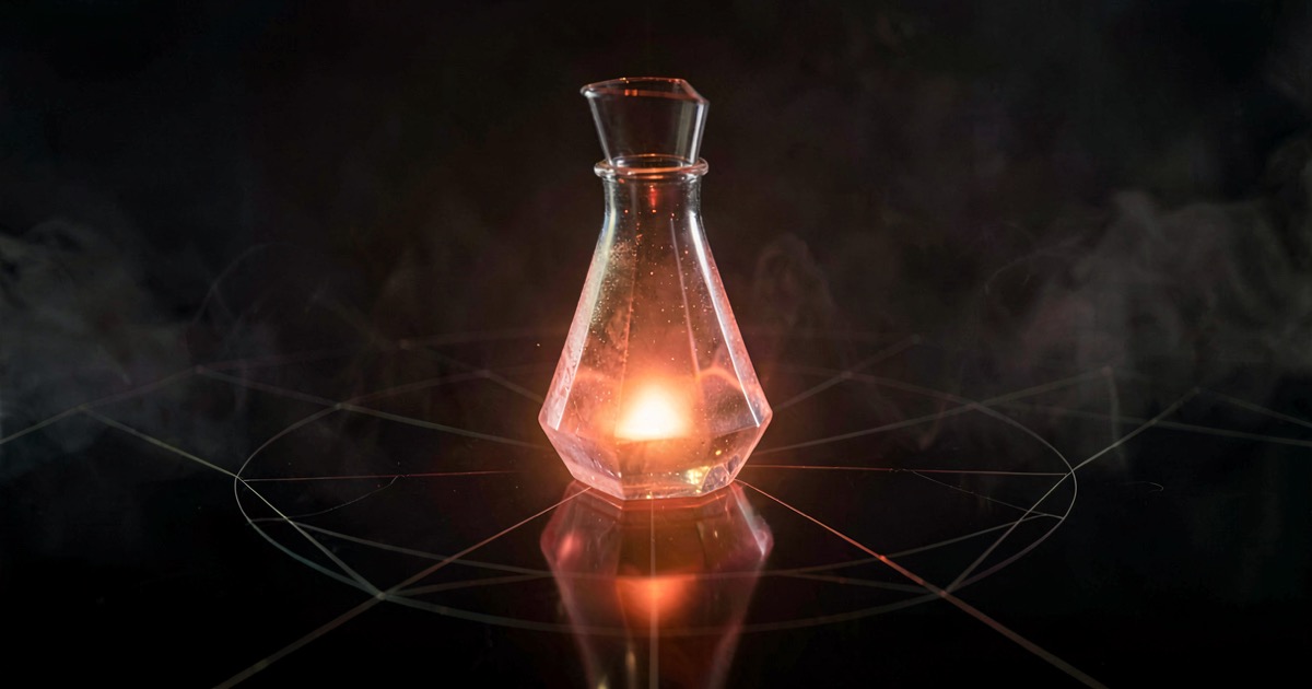 Abstract composition of a glowing crystalline laboratory vessel on a dark polished obsidian surface, soft amber and crimson light pulsing from within, faint geometric containment field lines radiating outward