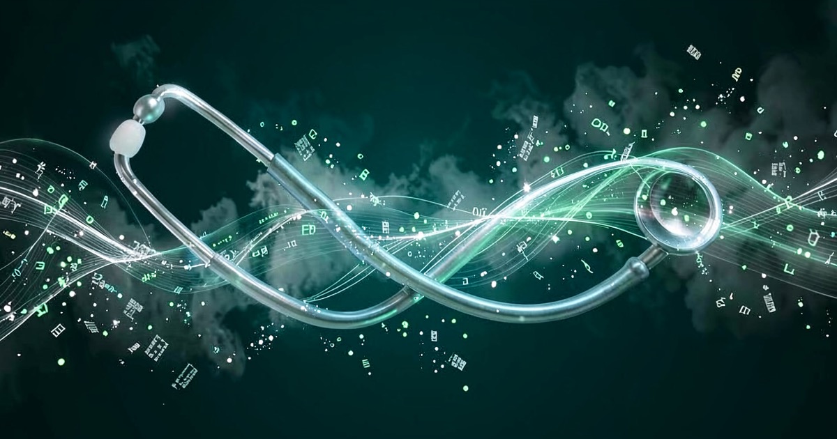 Abstract composition of a stethoscope transformed into flowing digital light streams on a dark teal background, soft white data particles drifting like medical records dissolving into mist