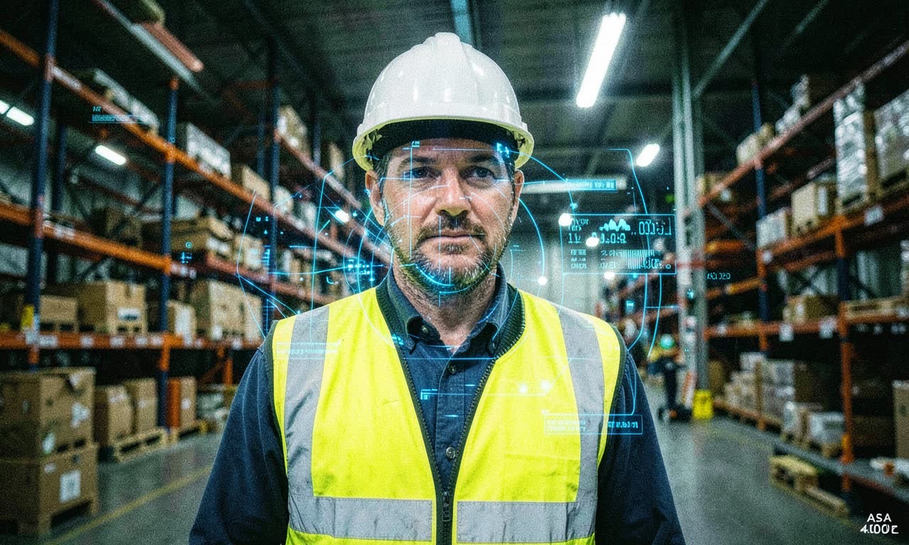 Australian warehouse worker under surveillance camera with AI monitoring overlay, industrial lighting, photojournalistic style