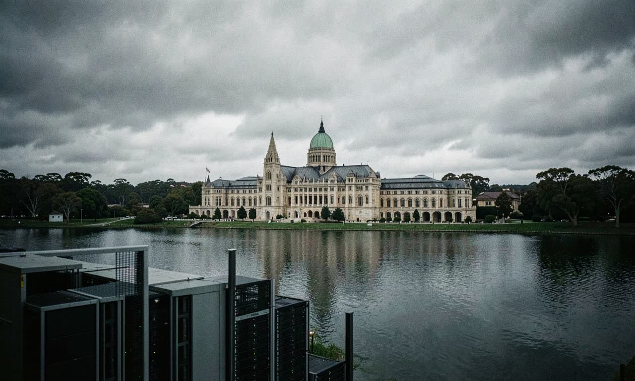 Australian Parliament House with data centre server racks in foreground, trans-Tasman comparison, documentary photojournalistic style