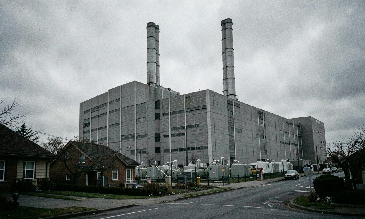 Large industrial datacentre building towering over suburban houses, diesel generators visible, overcast sky, documentary style