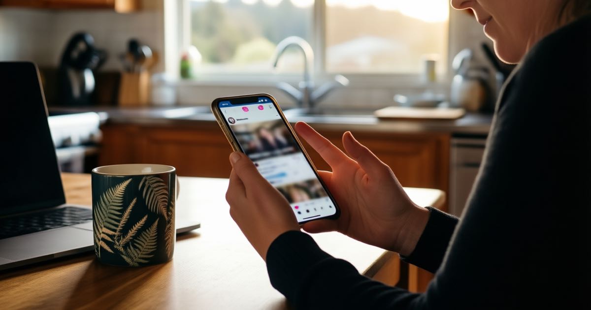 A woman at a timber kitchen table choosing between feeds on her phone, a fern-patterned mug and an open laptop beside her, warm morning light through the window