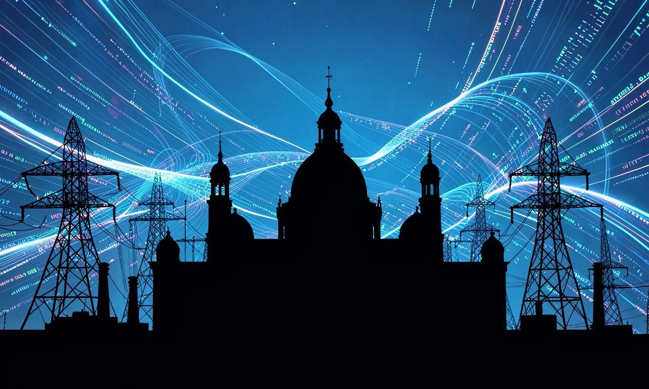 An abstract composition showing Parliament House silhouette against a background of flowing data streams and power infrastructure.