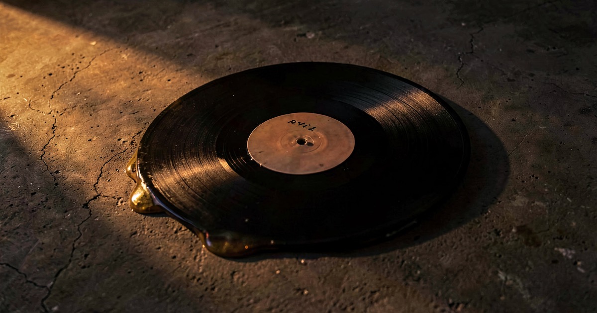 A vinyl record melting on a dark concrete surface under warm amber light, symbolising the erosion of musical copyright in the AI era