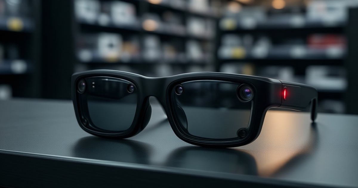 A pair of inexpensive black camera smart glasses resting on a dark store counter with a faint red recording light on the temple arm