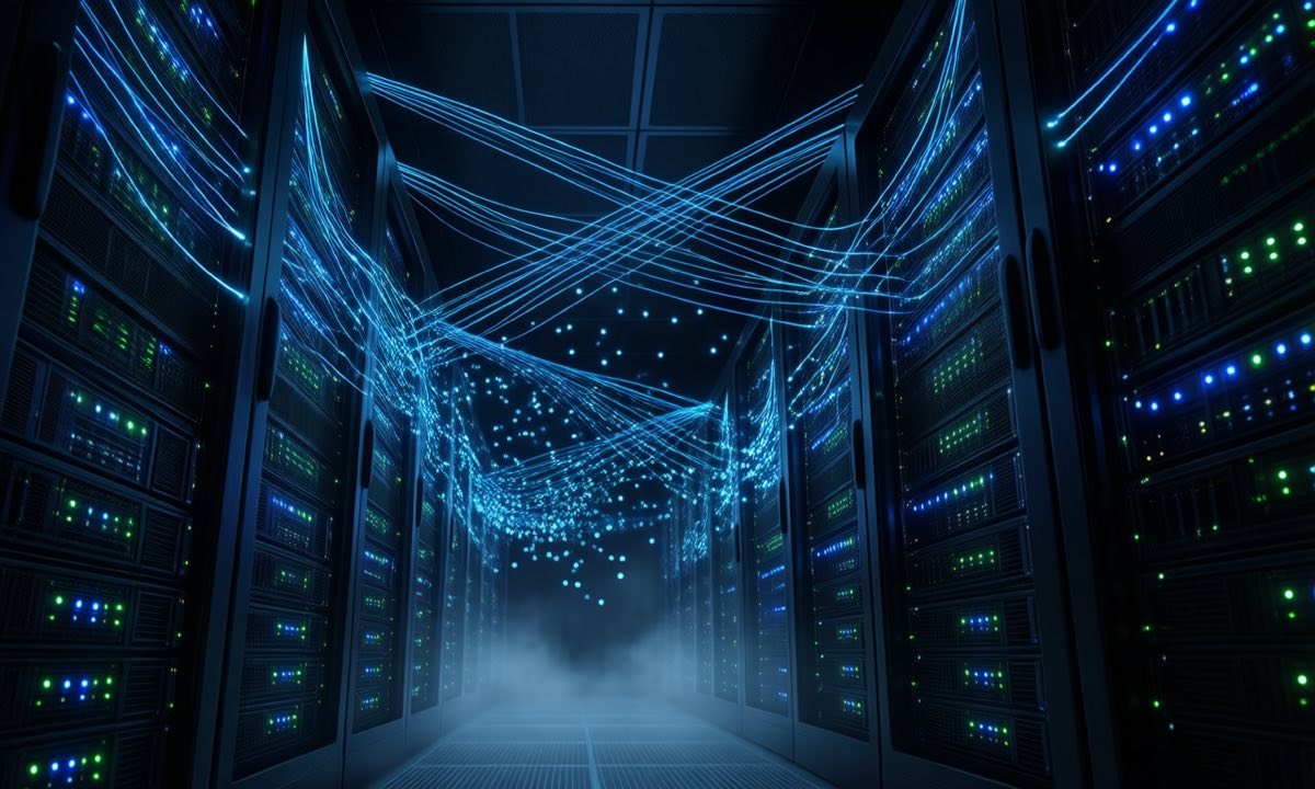 A dark server hall at night with glowing blue network lines linking racks, one rack dissolving into small floating light points that suggest software agents