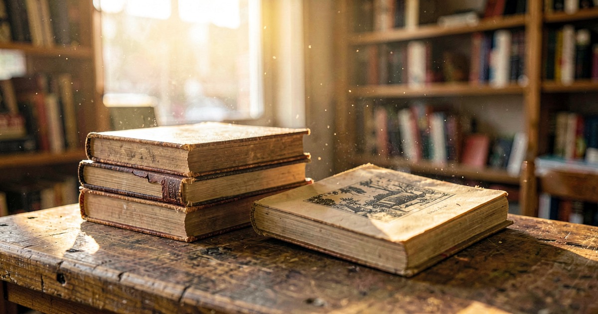 A stack of old hardcover books with broken spines sitting on a wooden table in a warm-lit secondhand bookshop, one book open to a faded illustrated page.