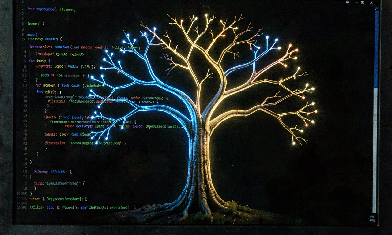 A glowing algorithmic tree structure emerging from a dark code editor, with branching paths lit in blue and gold against a black background, cinematic lighting, 35mm photography style