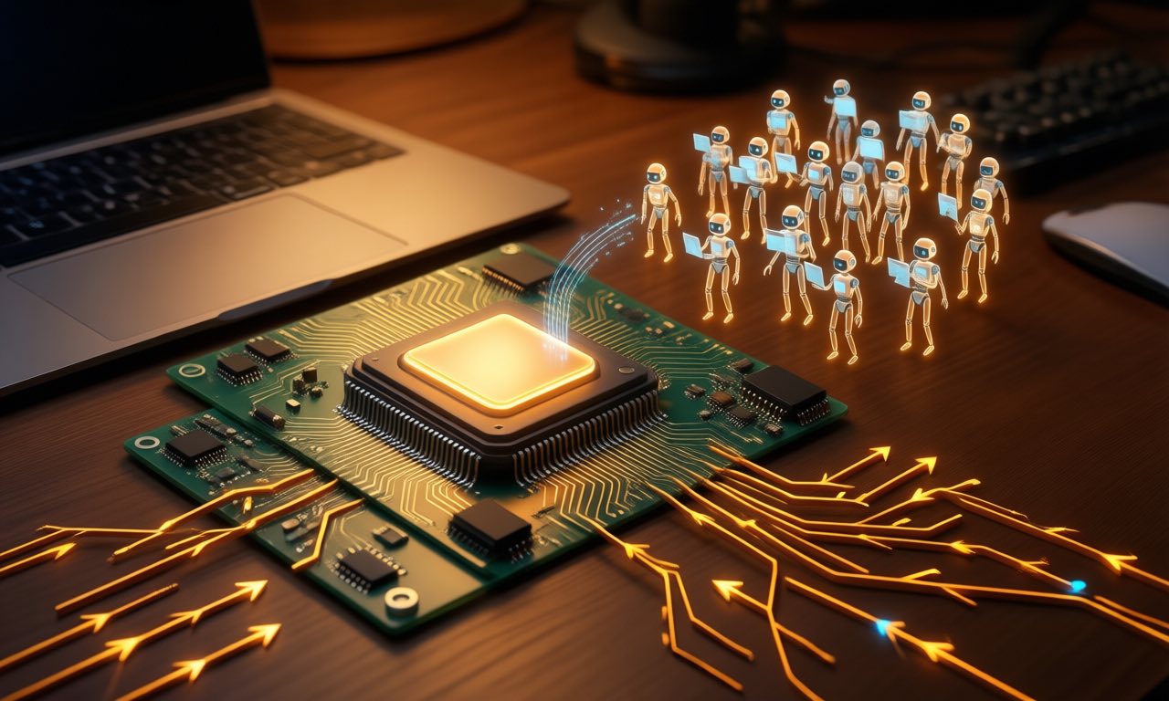 A small glowing AI chip on an open-source circuit board beside a laptop, surrounded by branching decision arrows and lightweight agent icons, warm amber lighting