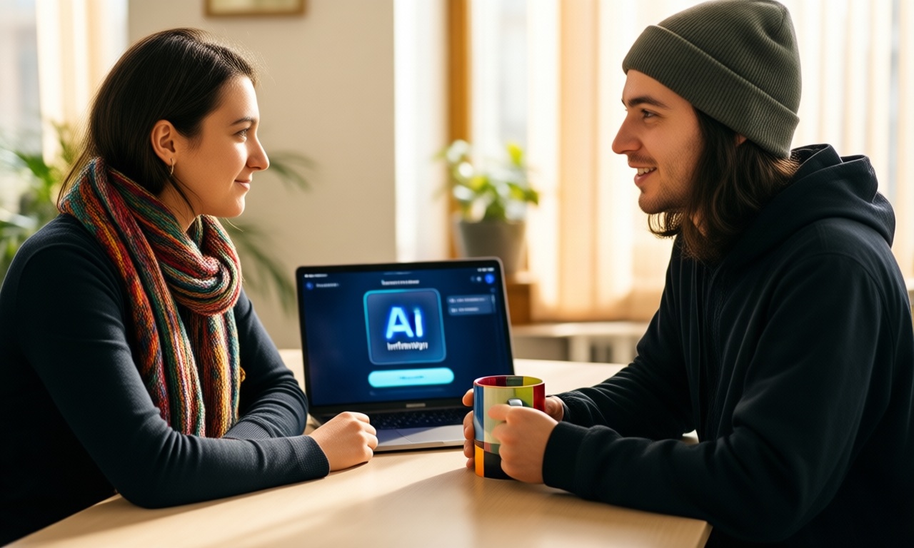 A human recruiter and a job candidate in a bright office with an AI interview assistant on a laptop, documentary style, natural light