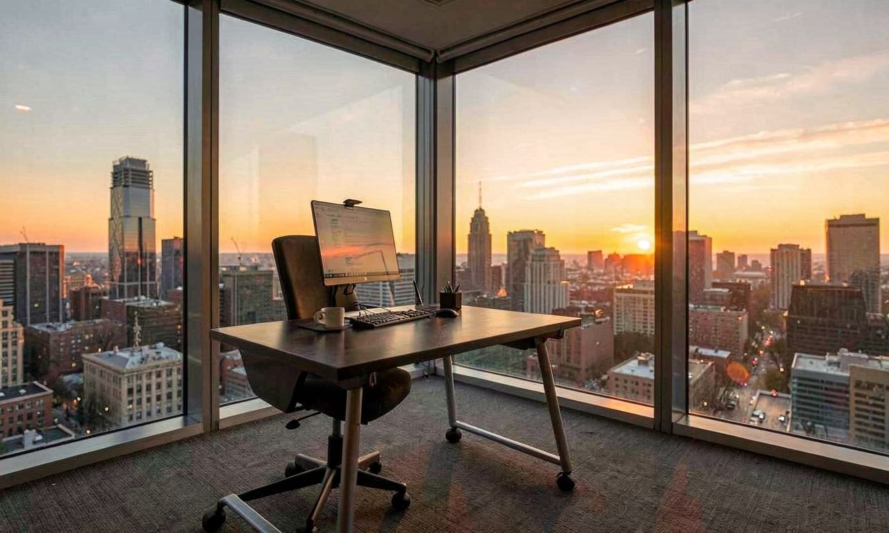 An empty glass-walled corner office at sunset, a standing desk left in mid-use, city skyline visible through the windows, warm amber light.