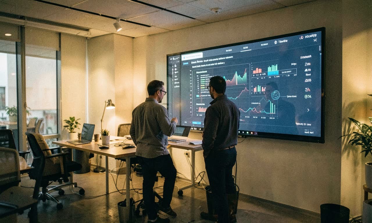 Office workers collaborating with AI interfaces on screens, warm professional lighting