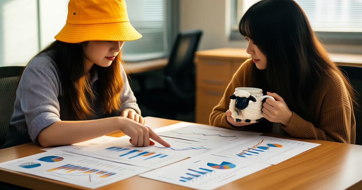 Two researchers at a desk covered in printed charts, one in a bucket hat pointing at a rising line, warm afternoon light through office windows, documentary editorial photography