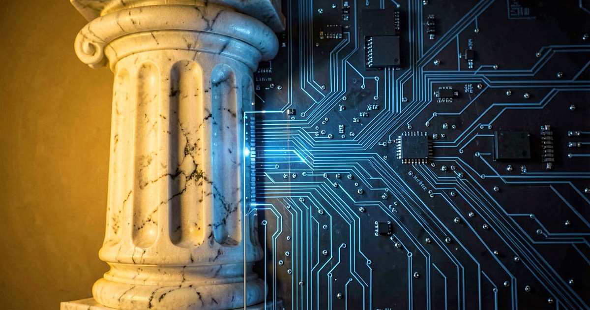 Classical marble column merging into a modern circuit board, warm golden light meeting cool blue digital glow