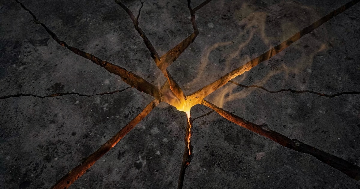 Abstract composition of dark concrete with glowing amber cracks and rising smoke, symbolizing energy consumption and environmental impact