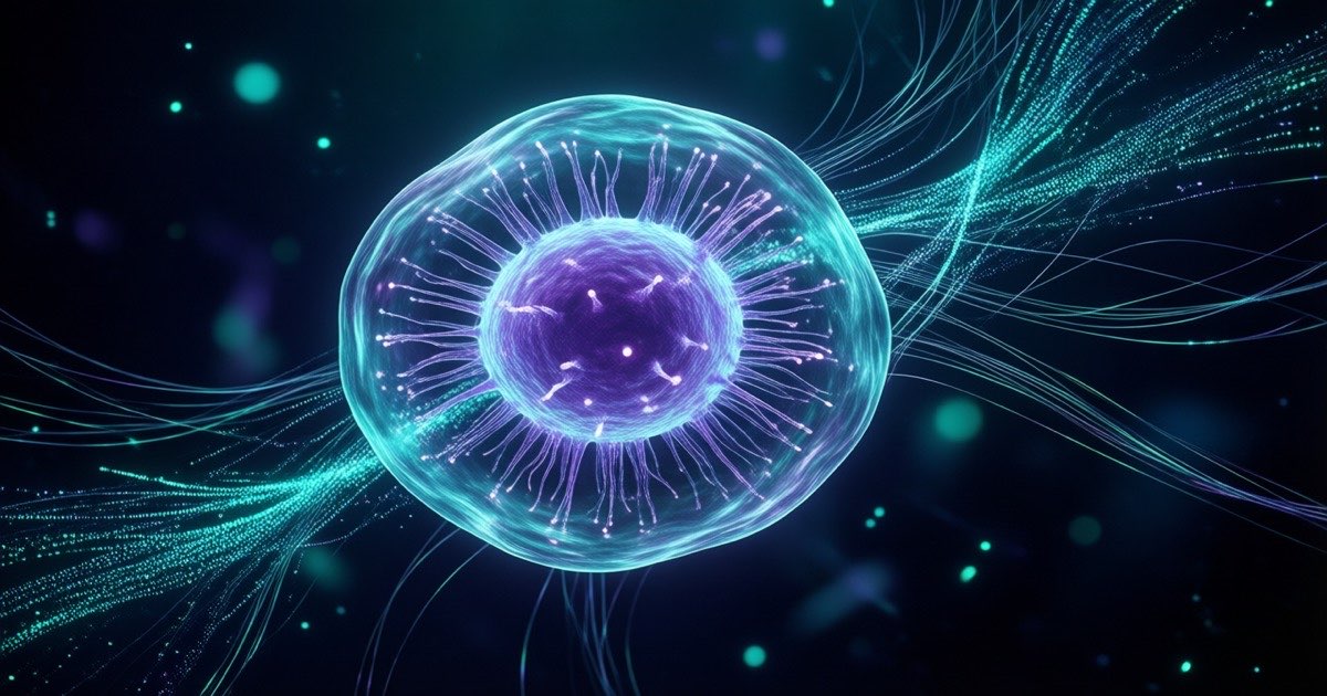 Translucent glowing cell suspended in a dark laboratory setting with streams of data points flowing around it in teal and violet light