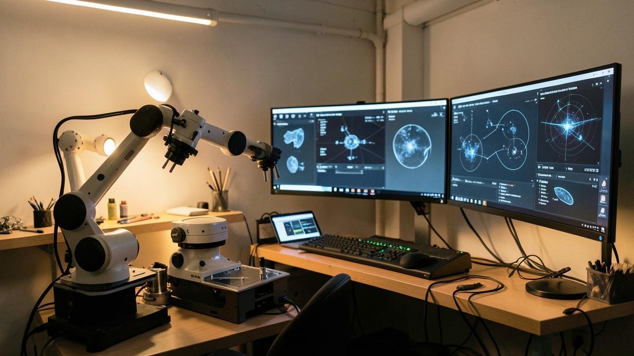A small workshop with robotic components and AI visualization screens, warm lighting, documentary style