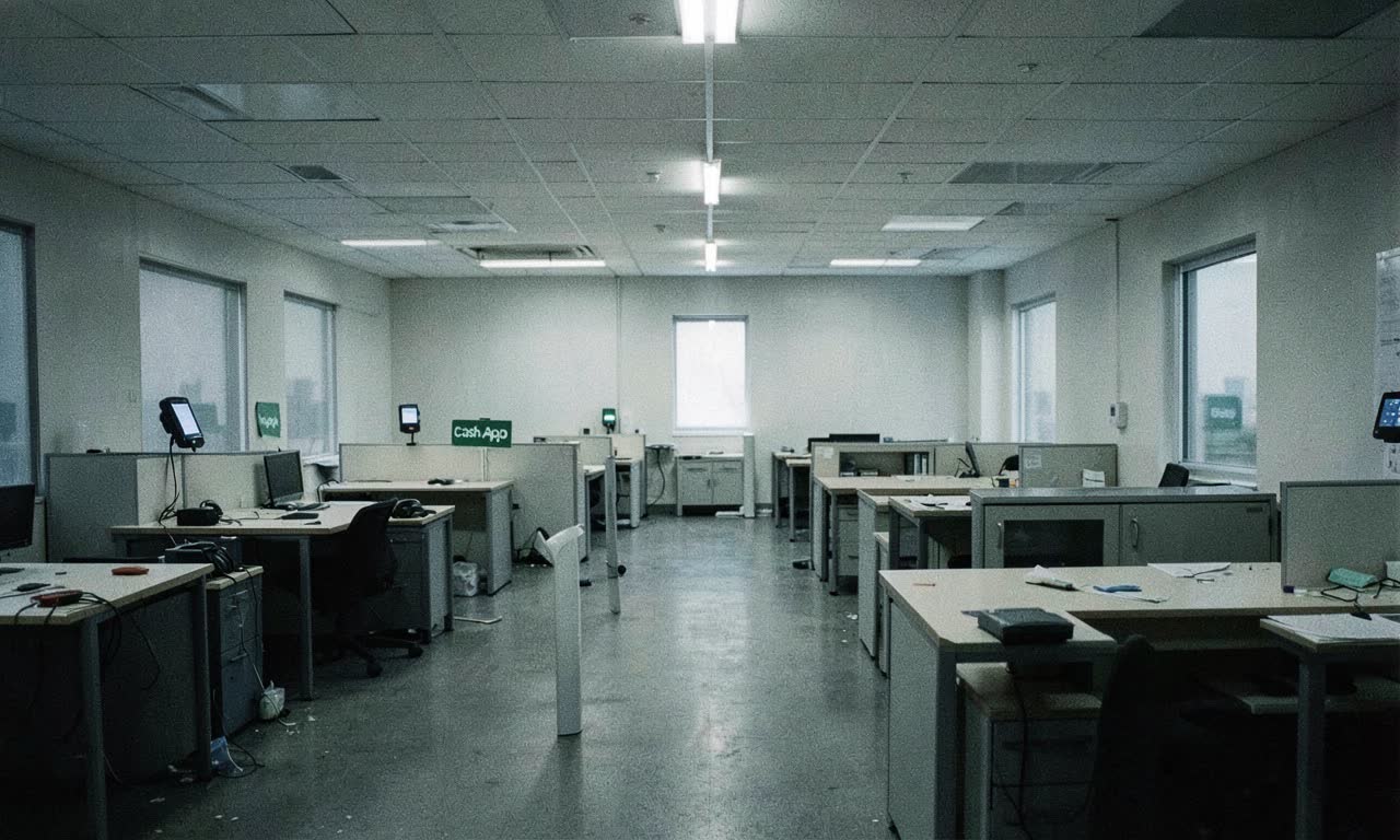 Empty office floor with Square payment terminals on abandoned desks, cold fluorescent lighting, documentary style