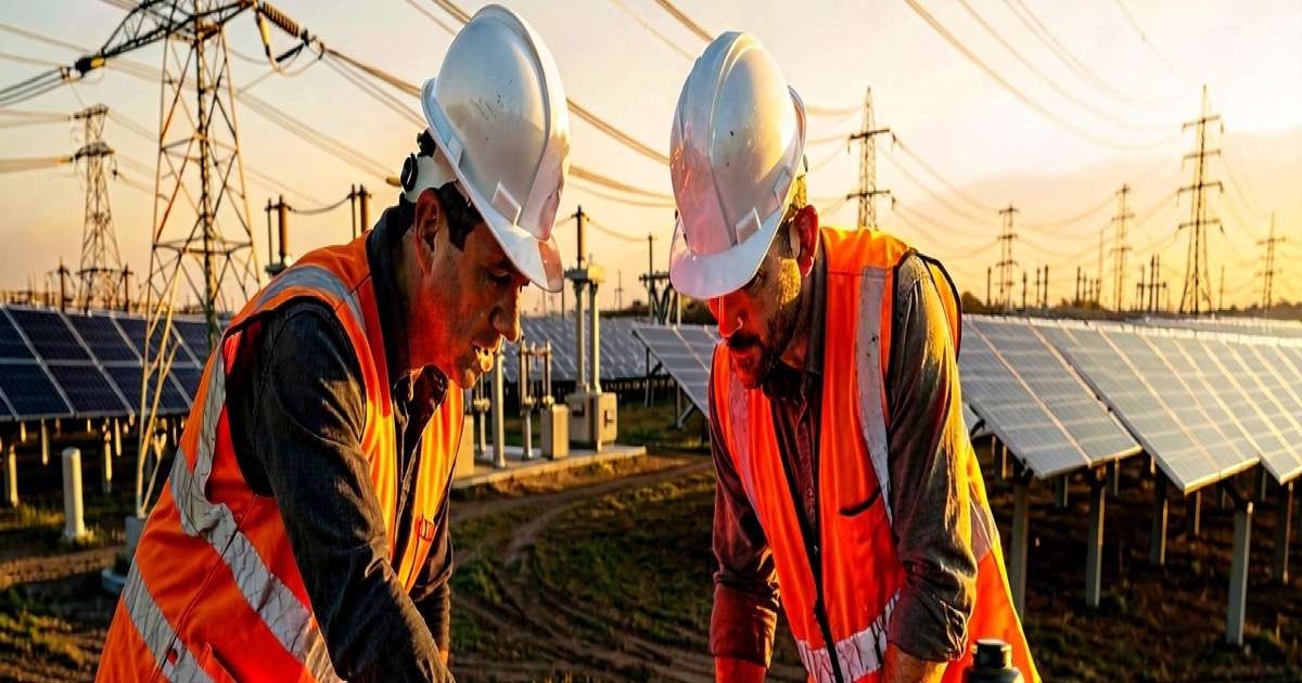 Utility technicians in high-vis vests and hard hats talk over site plans at an electrical substation with transmission towers and solar panels, golden hour light