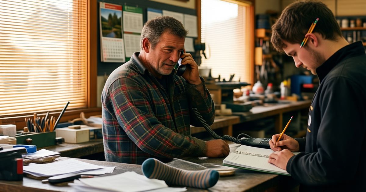 A small business owner in his forties in a faded tartan jersey and odd socks takes a customer phone call at a cluttered workshop counter while a young apprentice with a pencil behind his ear writes in a job book, warm light through venetian blinds, documentary editorial photography