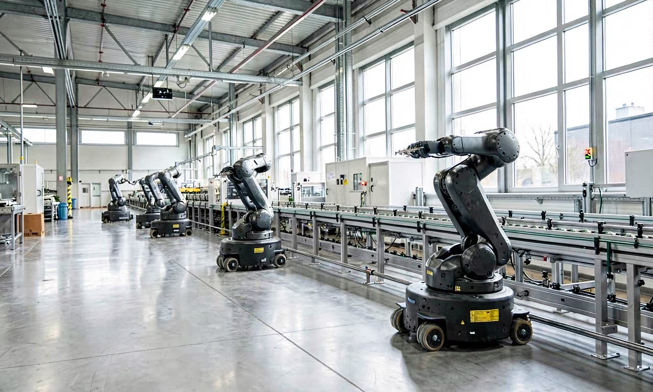 A modern German factory floor with wheeled robotic manipulators operating along a production line, photographed in clean industrial lighting.