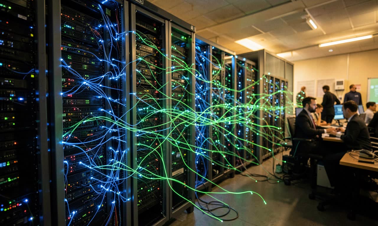 A server room with glowing data streams flowing between racks, representing automated bot traffic dominating internet infrastructure