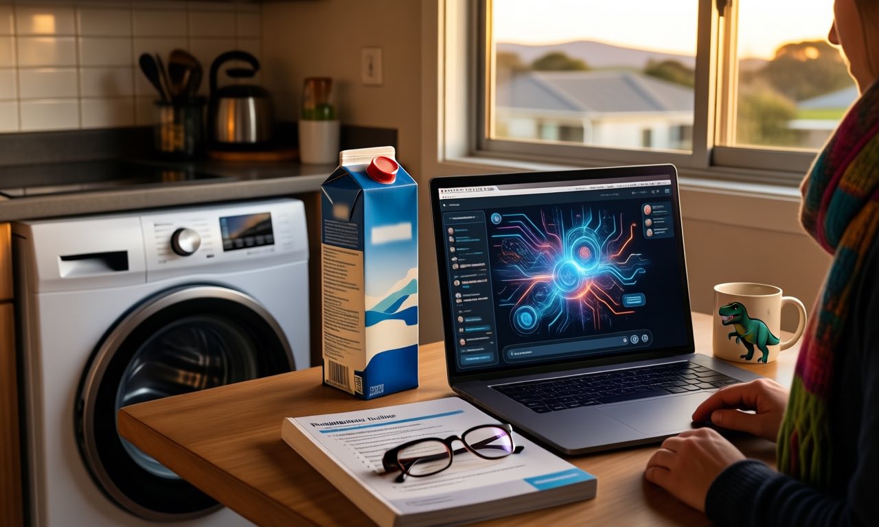 A milk carton and a washing machine stand on a kitchen bench beside an open laptop showing an AI chat interface, in warm evening light, with a rulebook and reading glasses nearby.