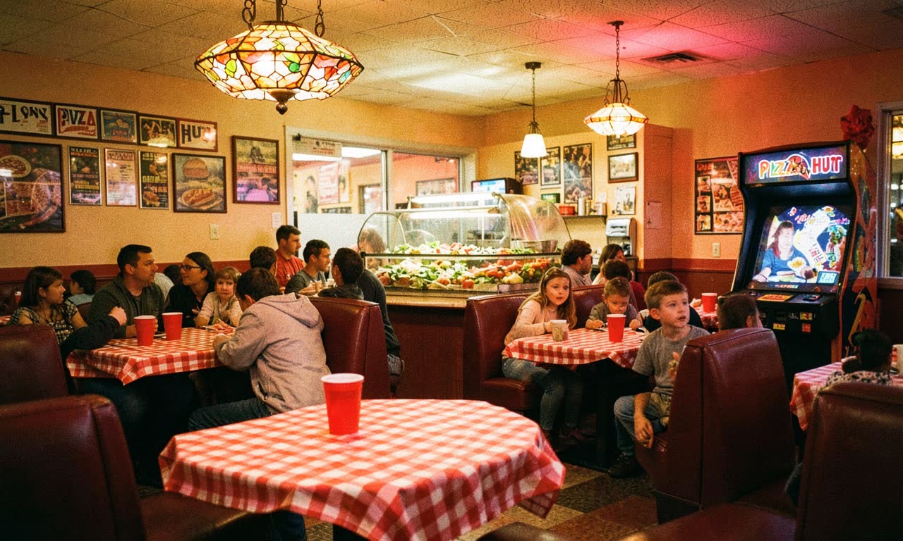A retro-style Pizza Hut restaurant interior with red cups on checkered tablecloths, stained glass lamps, and a neon sign reading 'CLASSIC', warm amber lighting, families dining, 35mm photography style