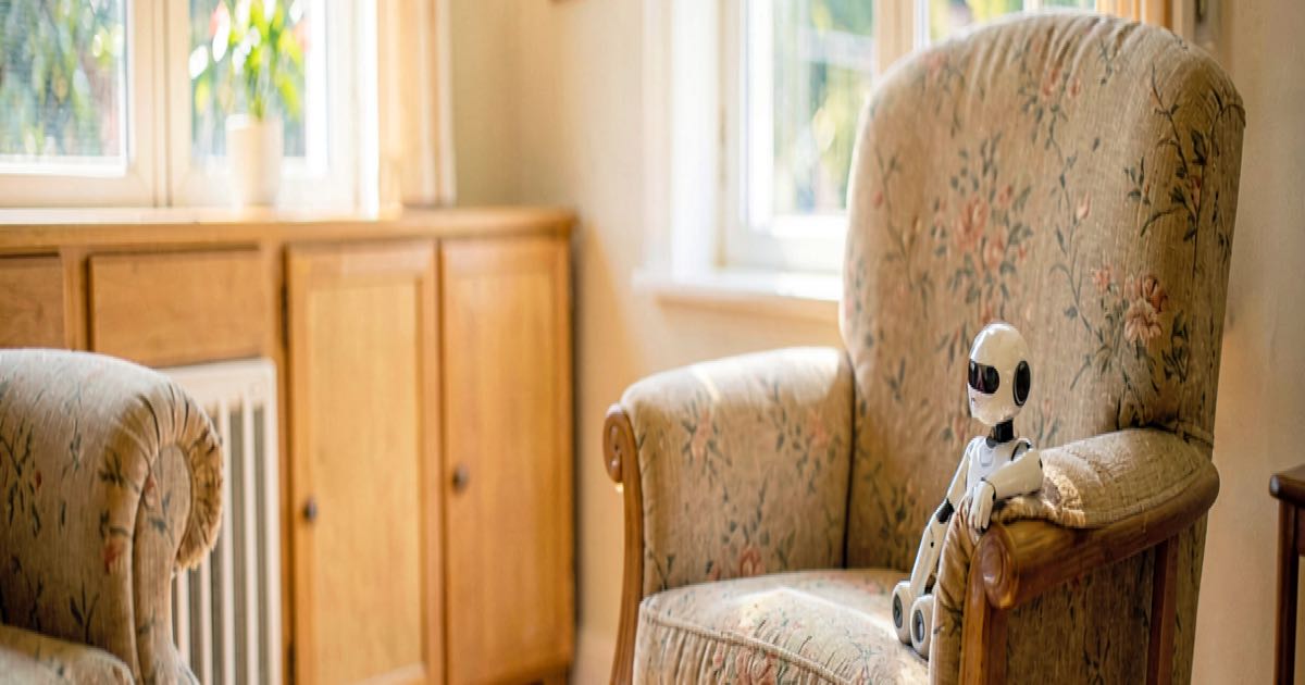 A bright sunlit aged care lounge room with a small humanoid robot on a side table next to an armchair, natural daylight through large windows, editorial photography style